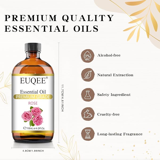 EUQEE Rose Essential Oil 118mL Large Capacity Rose Oil Premium Essential Oil with Glass Dropper for Diffuser, Soap & Candle Making, Aromatherapy - 4Fl. Oz - Bloomnest