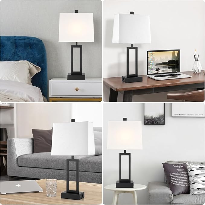 23.5" Touch Control Table Lamps Set of 2, Bedside Lamp with 2 USB Ports & AC Outlet, 3-Way Dimmable Nightstand Lamp with White Linen Shade for Living Room Bedroom End Table Office(2 LED Bulb Included) - Bloomnest