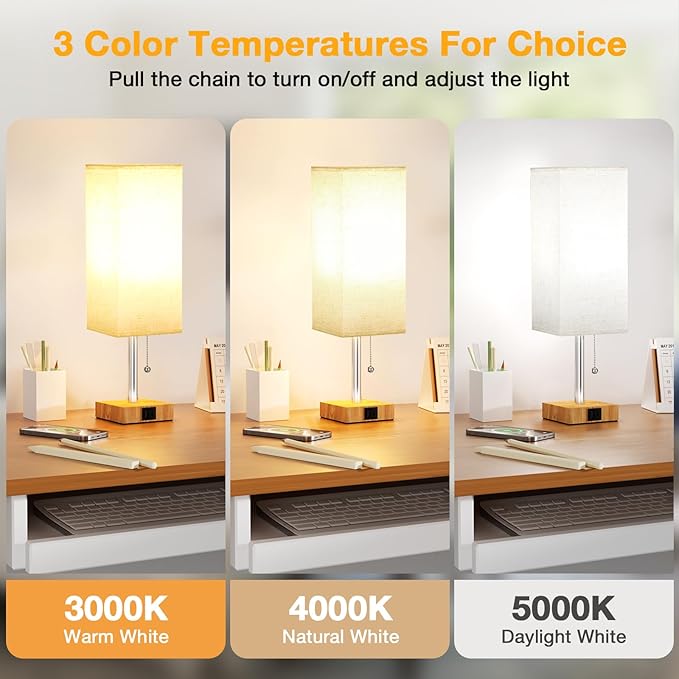 aooshine Beige Small Table Lamp for Bedroom - 3 Color Temperature 3000K 5000K 4000K Bedside Lamp, Pull Chain Control, USB A and C Ports, Wood-Grain Base, Bulb Included - Bloomnest