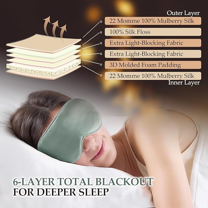100% Mulberry Silk Sleep Mask for Unisex, 22 Momme 3D Silk Contoured Eye Mask, Breathable Light Blocking Blindfold with Adjustable Strap, Blackout Eye Cover for Travel, Grayish Green - Bloomnest