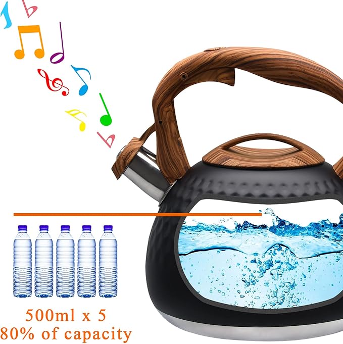 GGC Tea Kettle for Stove Top, Loud Whistling Kettle for Boiling Water Coffee or Milk, 3.1 Quart 3L Heavy Stainless Steel Black Kettle with Wood Pattern Handle, Unique Button Control Kettle Outlet - Bloomnest