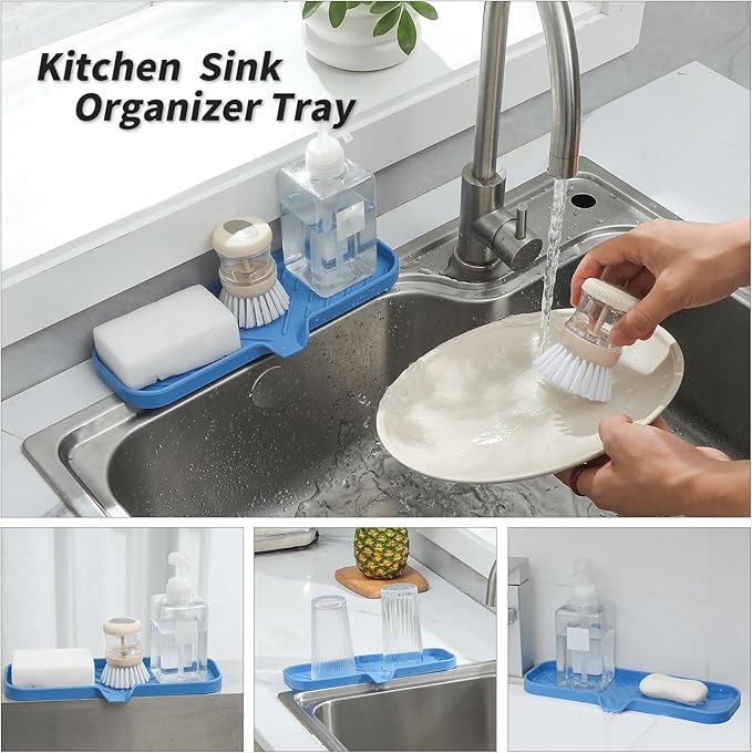 Silicone Bathroom Soap Dishes with Drain Spout-Bathroom and Kitchen Sink Organizer,Sponge Holder,Dish Soap Tray,Perfect for Dispenser,Scrubber,Bottle,Cup on Sink or Counter-Lichen Blue 12"×4" - Bloomnest