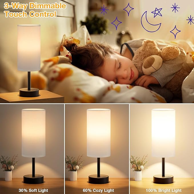 Dicoool White Touch Table Lamp with USB - 3 Way Dimmable Bedside Lamp for Nightstand, Bedroom Lamp with Black Charging Station for Desk, Office, Kids Room, Dorm, Small - Bloomnest