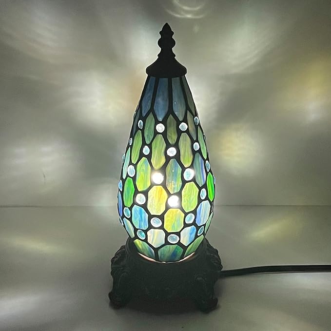Small Tiffany Lamp Stained Glass Table Lamp 5.5X11 Inch Christmas Tree Lighthouse Mini Accent Memory Sympathy Antique Night Light for Bedroom Living Room (Blue Pearl)