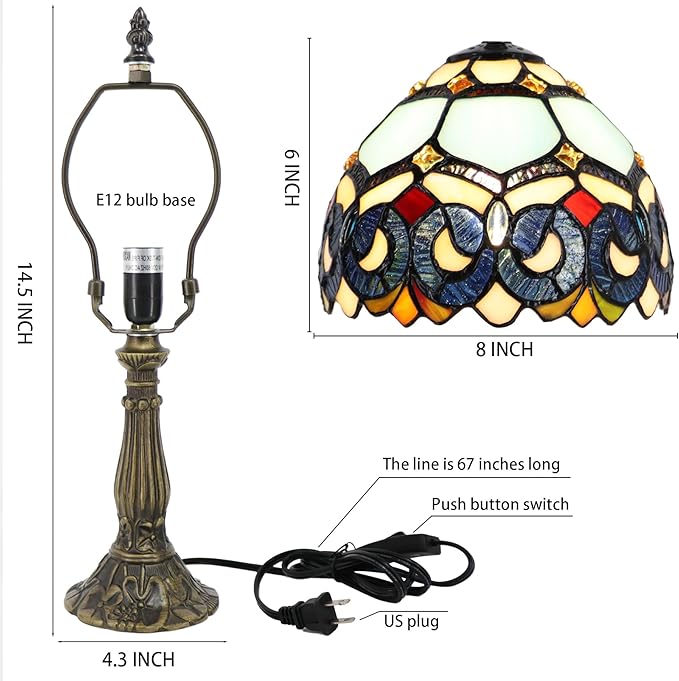 Small Tiffany Lamp Mini Accent Table Lamp Stained Glass Desk Memory Lamp Sympathy 8X14.5 Inch (Sapphire Style) - Bloomnest