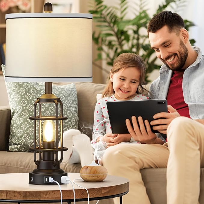 Modern Table Lamps, Industrial 3-Way Dimmable Bedside Lamp with USB A+C Ports & AC Outlet, Touch Control Rustic Nightstand Lamp LED Night Light for Living Room Bedroom Decor Home(4 Bulbs Included) - Bloomnest