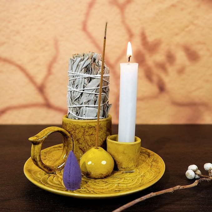 5.1-Inch 5-in-1 Yellow Ceramic Incense Holder - Fits Palo Santo, Sage, Incense Sticks/Cones, Small Candle, Smudge Burning Tray.Zen Altar for Meditation/Yoga, Aromatic Scents, Matches Friendly - Bloomnest