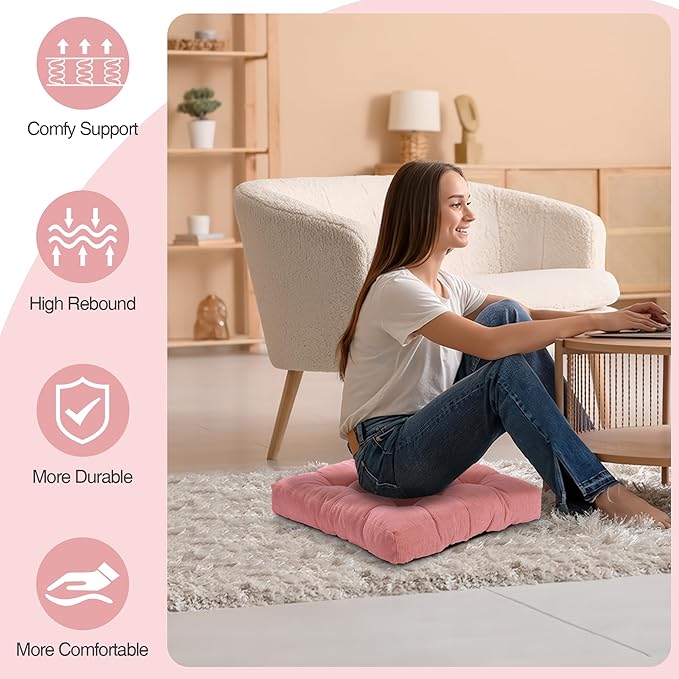 Floor Pillow Cushions for Adults Sitting Large Big Pillows for Floor Seating Square Memory Foam Thick Tufted, 22 x 22 Inch, Set of 2, Pink - Bloomnest