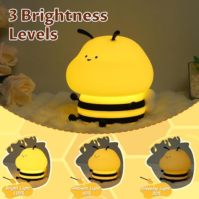 YuanDian Cute Bee Night Light for Kids, Nursery Night Lamp Kawaii Animal Bedside Nightlight with 7 Colors 3 Levels Dimmable Tap Control Rechargeable Nightlights - Bloomnest