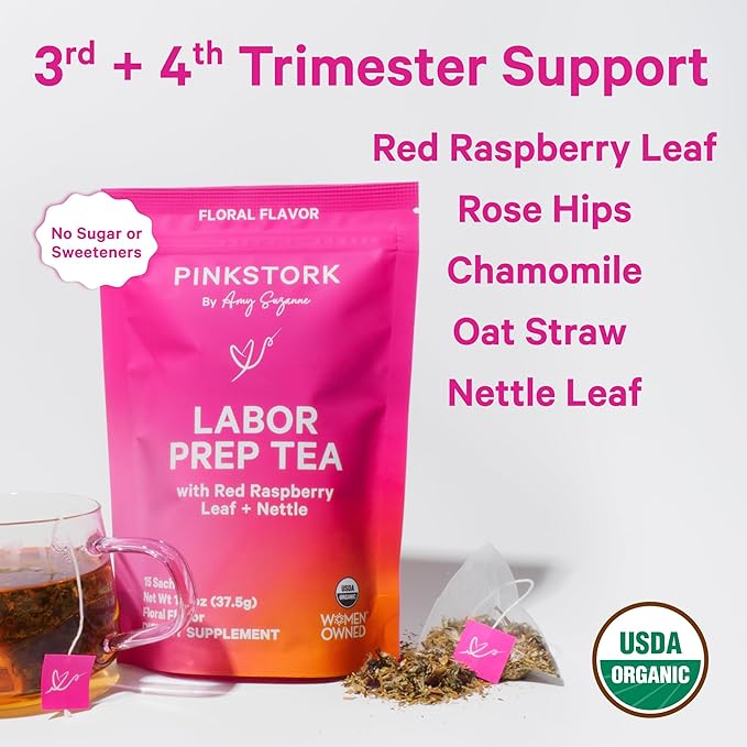 Pink Stork Organic Labor Prep Tea - Red Raspberry Leaf with Chamomile and Rosehip, Pregnancy Must Haves, Postpartum Essentials, Third Trimester - 15 Sachets - Bloomnest