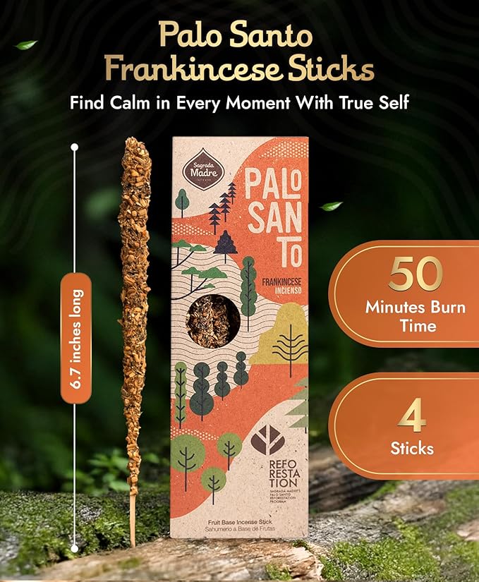 Sagrada Madre 4pcs Wildly Harvested Palo Santo Incense Sticks (Frankincense), 6.7” Long - Non-Toxic, Aromatic Incense Sticks (50 min Approx. Burning Time) to Heal & Calm Your Body and Environment SagradaMadre