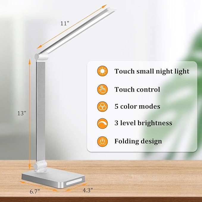 Dott Arts LED Desk Lamp with USB Ports,Touch Desk Lamps for Home Office with 5 Color Modes,3 Brightness Desk Light with Small Night Light,Reading Lamp Table LED Lamp for Bedroom Bedsid Study Sliver - Bloomnest
