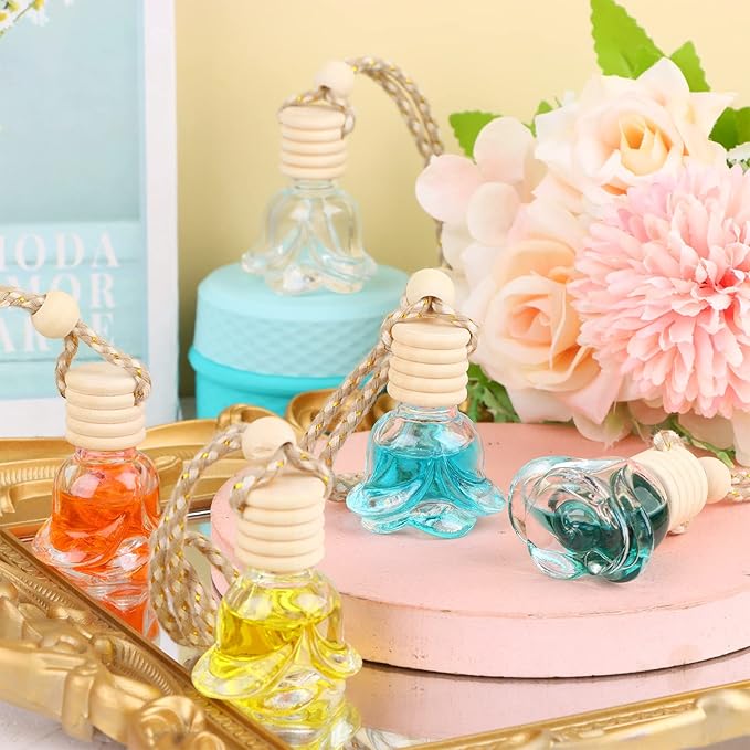 60 Pcs Hanging Car Air Freshener Car Diffuser Bottles Empty Glass Perfume Bottles Air Freshener Diffuser Bottle Pendant for Essential Oils Fragrance Aromatherapy Ornament Decor (Rose Style) - Bloomnest