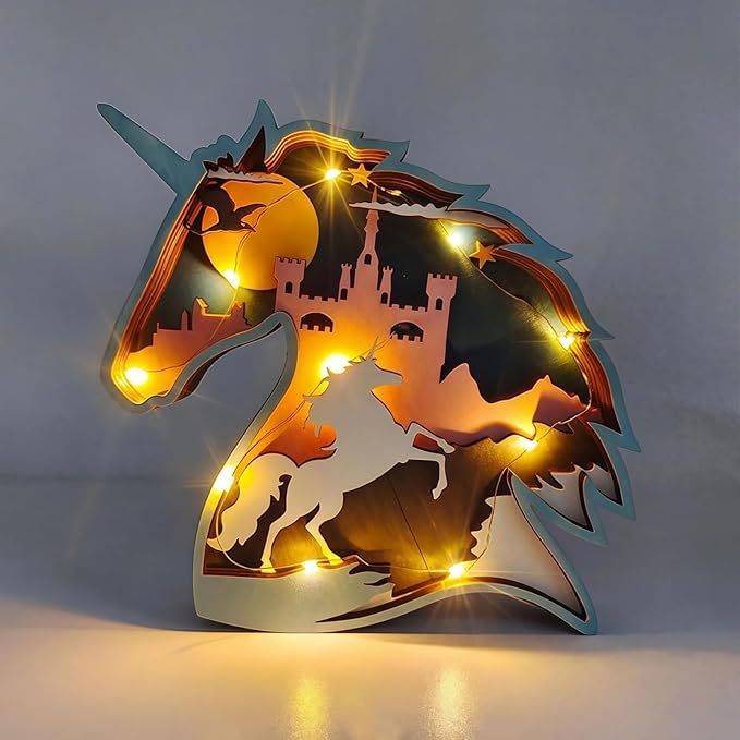 Drawelry 3D Wood Carving Animals Lamp Home Decorative, Cute Bear Family Elephant Presents Ideas Christmas Living Room Office Decor Warm LED Night Lights Gift for Friend Daughter Son Mom Dad (Unicorn) - Bloomnest