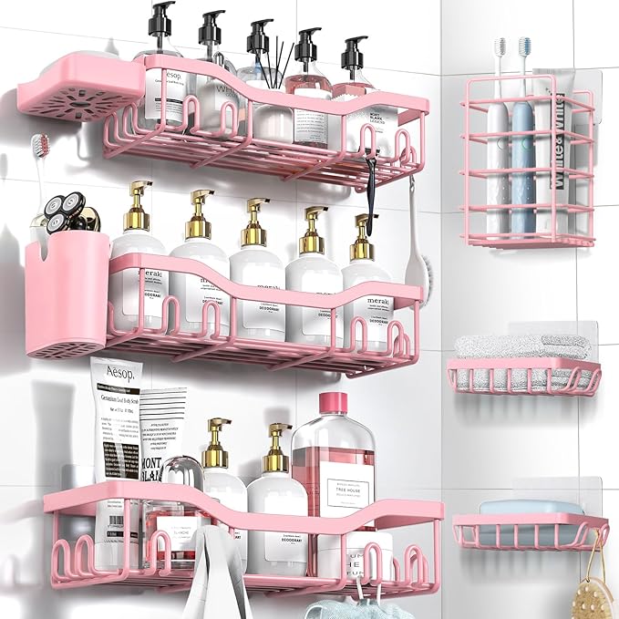 Shower Caddy Adhesive Shower Organizer 8-Pack, Rustproof Stainless Steel Bathroom Shelves, Large Capacity No-Drill Rack Storage Accessories with Soap Dish Toothbrush Holder Hooks - Bloomnest