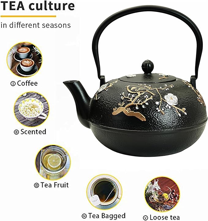 YJX 60.9oz Large Cast Iron Teapot for Stovetop, Japanese Tetsubin, Heavy and Durable Tea Pot, Tea Kettle with Stainless Steel Infuser for Loose Tea, Floral Pattern(1800ML) - Bloomnest