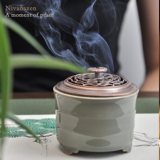 Ceramic Incense Holder with Beauty Lid,Coil Incense Burner for Cone and Powder Incense,Mediation Gift,Home Decor（Light Green） - Bloomnest