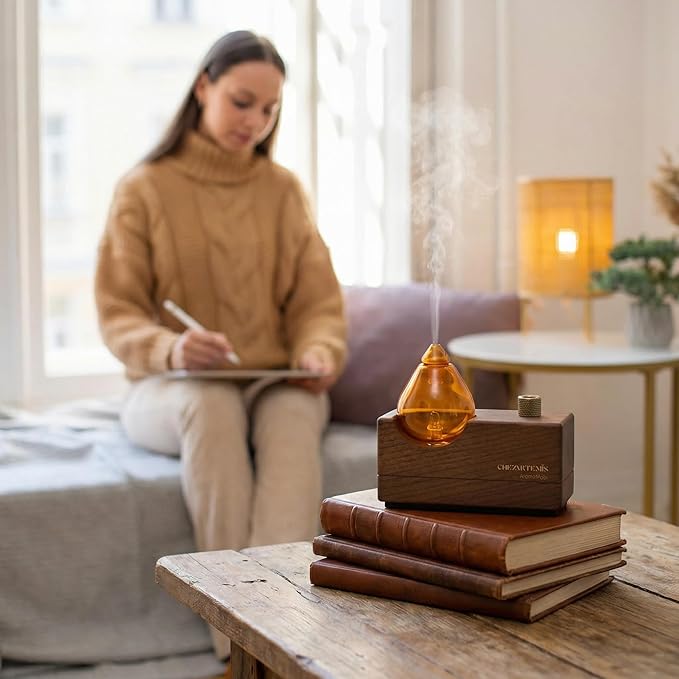 Amber Premium Glass Essential Oil Diffuser with Handmade Wood Base for Aromatherapy, Retro Waterless Scent Diffuser with Cool Mist, Rechargeable & Wireless Oil Nebulizer with LED & Timer, 2026 Model CHEZARTEMIS
