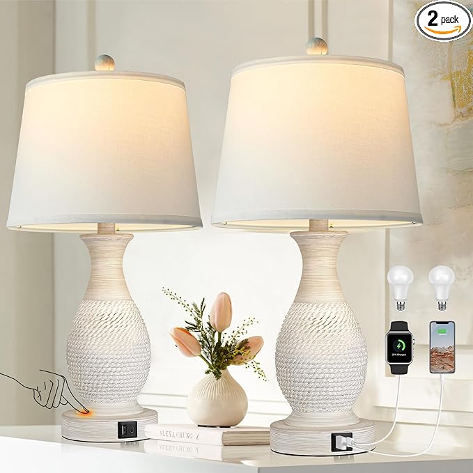 PARTPHONER Table Lamps Set of 2, Bedside Touch Lamp with USB C+A Charging Ports, Side Table Lamp with White Fabric Shade (LED Bulbs Included) - Bloomnest