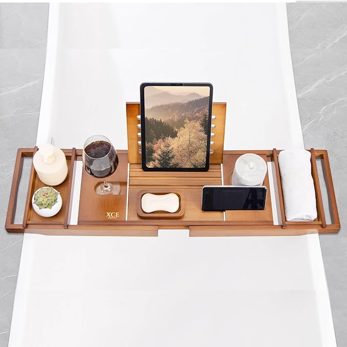 XcE Bamboo Bathtub Caddy Tray - Expandable to 41 Inches with Book Stand, Soap Holder & Anti-Slip Pads for Luxury Bath Spa, Brown - Bloomnest