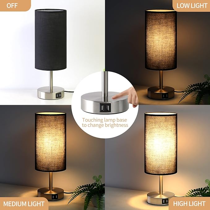 Bedside Lamp with USB Port - Touch Control Table Lamp for Bedroom Wood 3 Way Dimmable Nightstand Lamp with Round Black Shade for Living Room, Dorm, Home Office (LED Bulb Included) (Blacl2) - Bloomnest