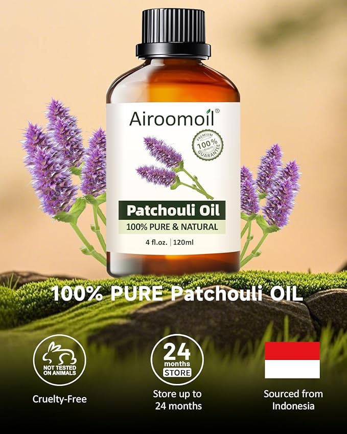 100% Pure Patchouli Essential Oil, 4 fl oz | for Diffusers, DIY Perfume, Soap Making, Aromatherapy, Skin Use, Blending & Scent Customization, Long-Lasting Aromatherapy for Home Airoomoil