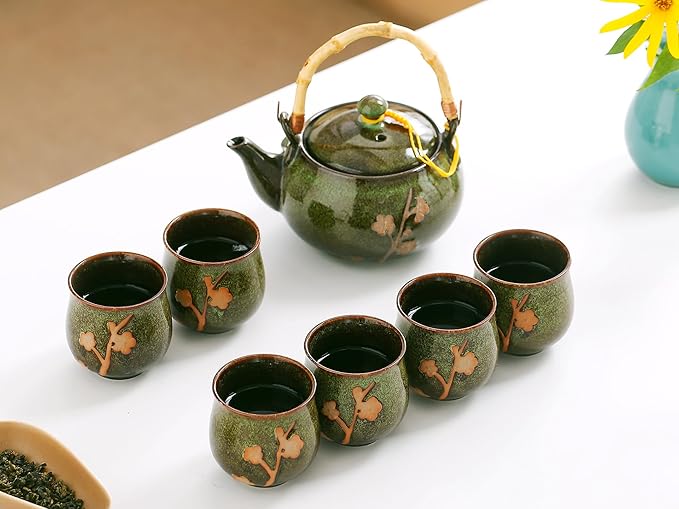 Traditional Japanese tea set, Kiln altered glaze Porcelain tea set with 1 Teapot, 6 Tea cups, 1 Tea Tray,Japanese teapot set, Asian tea sets (Kiln altered-Green) - Bloomnest