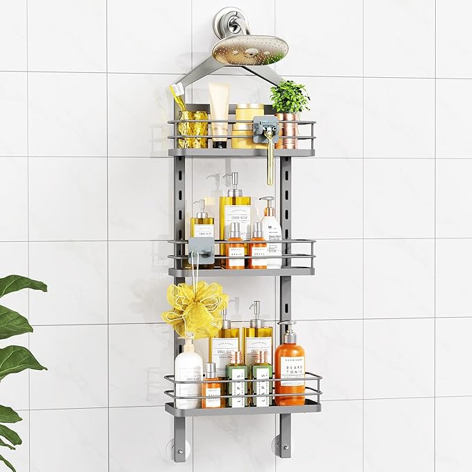 ODesign 3 Tier Height-Adjustable Shower Caddy Hanging Anti-Swing-Over The Shower Head Caddy-Showe r Storage Organizer Bathroom Shelves Basket Caddies-Grey - Bloomnest