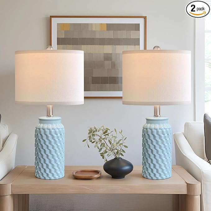 20.5" Light Blue Modern Ceramic Bedside Lamp Set of 2 for Bedroom Decor Farmhouse Table Lamp for Living Room Office Dorm - Bloomnest