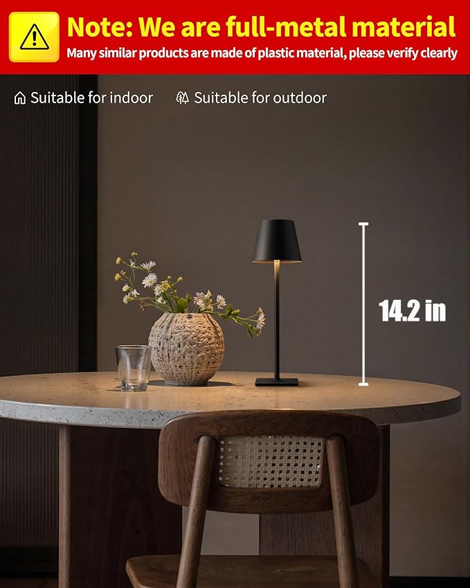 KDG 2 Pack Cordless Table Lamp, Portable LED Desk Lamps, 5000mAh Battery Operated, 3 Color Stepless Dimming Up, for Restaurant, Bedroom, Outdoor Camping, Coffee Shop, Night Light, Rechargeable (Black) - Bloomnest