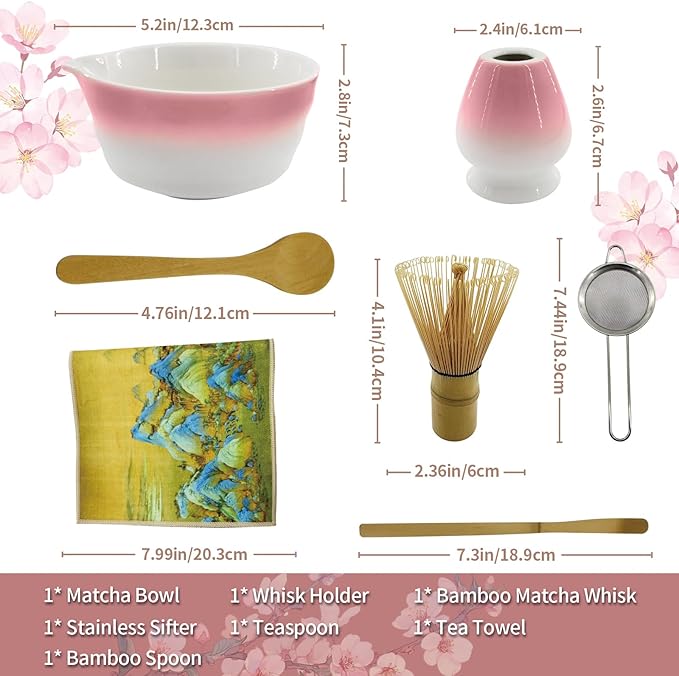 Matcha Whisk Set, 7-Pcs Matcha Set Includes Gradient Ceramic Matcha Bowl and Chasen Holder, Bamboo Whisk, Stainless Sifter, Teaspoon, Tea Towel, Spoon, Matcha Kit for Tea Lovers (Pink) - Bloomnest