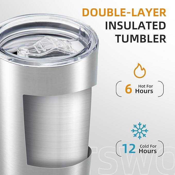 20 oz Tumbler Bulk with Lid Stainless Steel Insulated Tumblers Double Wall Vacuum Coffee Mug Powder Coated Tumbler Cups for Cold and Hot Drinks, Stainless Steel, 6 pack - Bloomnest