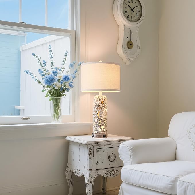 RORIANO Rustic Farmhouse Table Lamps for Living Room Bedroom, Vintage Bedside Lamp with Dual USB Port, Antique White Resin Retro Nightstand Lamps with Night Light, Bulbs Include - Bloomnest