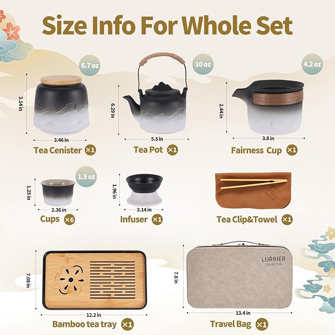 LURRIER Gongfu tea sets, Portable Ceramic TeaSet, Asian Tea sets for adult, Tea Gift sets, Grey leather case, Portable Travel Bag,Home,Gifting,Outdoor and Office(Black and White) - Bloomnest