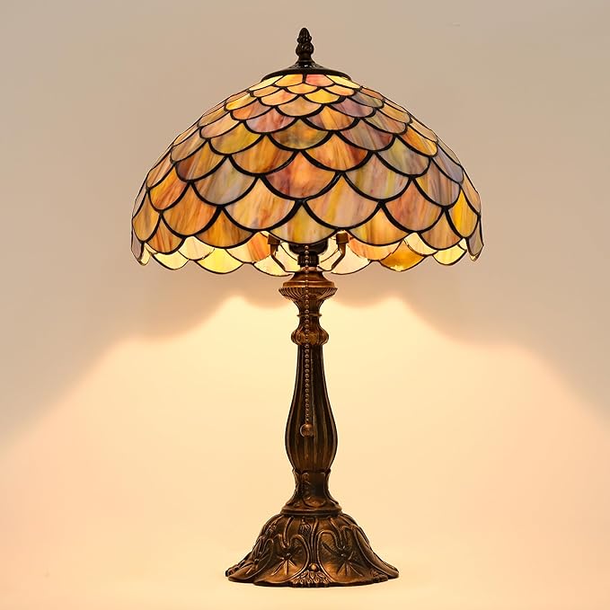 Tiffany Style Table Lamp Vintage Stained Glass Desk Lamp Mable Gradient Green Fish Scales Bedside Reading Light Decor Bedroom Living Room Home Office D12 xH18 (Green Fish Scales) - Bloomnest