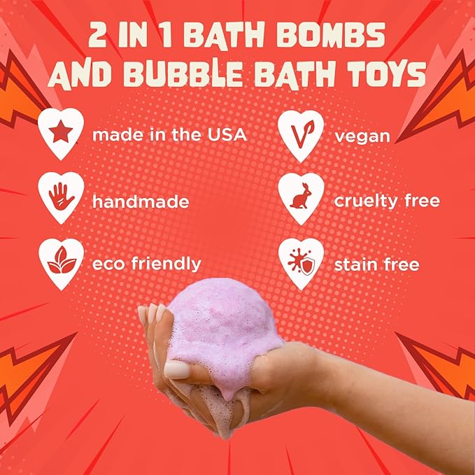 Superhero Bath Bombs for Kids with Surprise Toys Inside (6 Pack) - Large Bubble Bomb Fizzies for Boys, Girls, & Toddlers - Fruity Scents, Relaxing Aromas, Made in USA, Birthday Gift by Two Sisters - Bloomnest