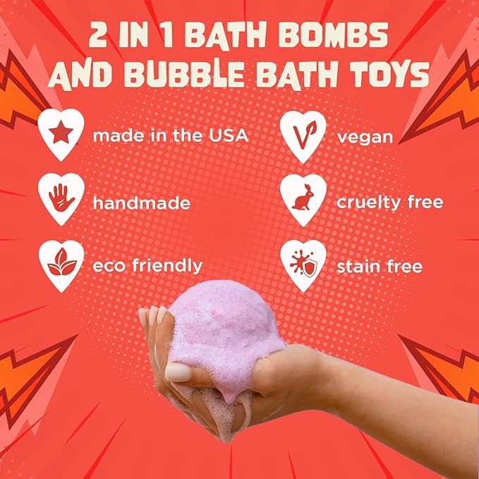 Superhero Bath Bombs for Kids with Surprise Toys Inside (3 Pack) - Large Bubble Bomb for Boys & Girls - Fizzies, Relaxing Aromas, Made in USA, Skin-Safe, Stain-Free by Two Sisters - Bloomnest