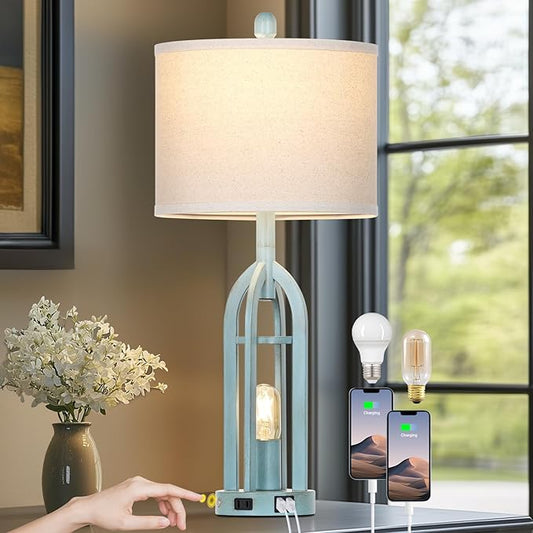 27" Industrial Farmhouse Table Lamp,Vintage Rustic Blue Beside Lamp with USB A+C Charging Ports & AC Outlet, Metal Nightstand Lamp with LED Night Light for Bedrooms (2 LED Bulbs Included) - Bloomnest