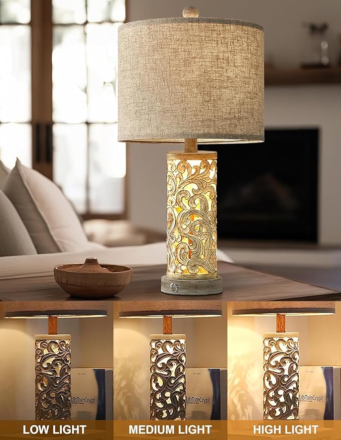 OYEARS 3-Way Dimmable 22'' USB A+C Touch Control Table Lamp with Nightlight for Living Room Bedroom Farmhouse Bedside Nightstand Lamps (Bulb Included) - Bloomnest