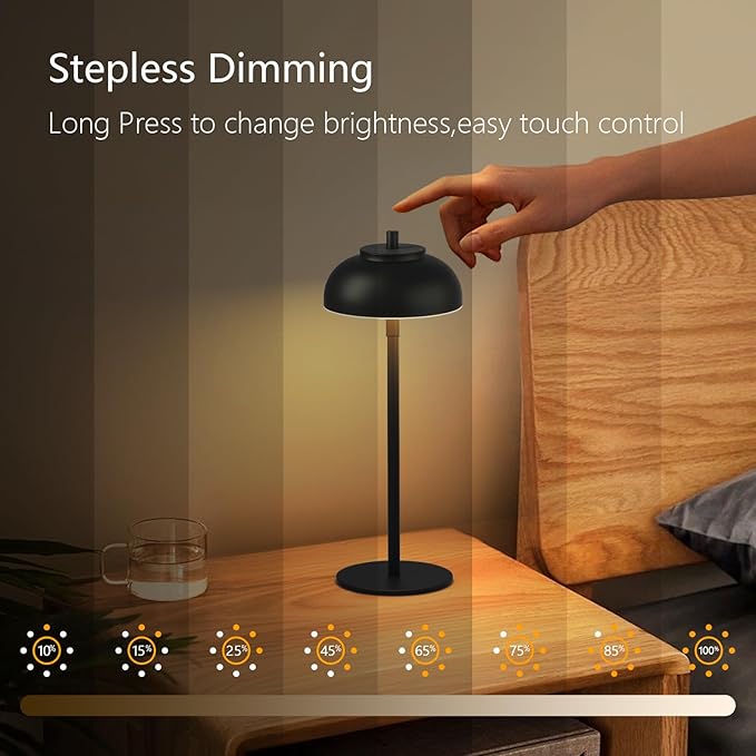 Cordless Table Lamps Rechargeable - 5000mAh Battery Operated Table Lamp, 3 Color Stepless Dimming Portable LED Table Light for Restaurant/Bedroom/Bars/Cafe/Outdoor/Camping(Black 2 Pack) - Bloomnest
