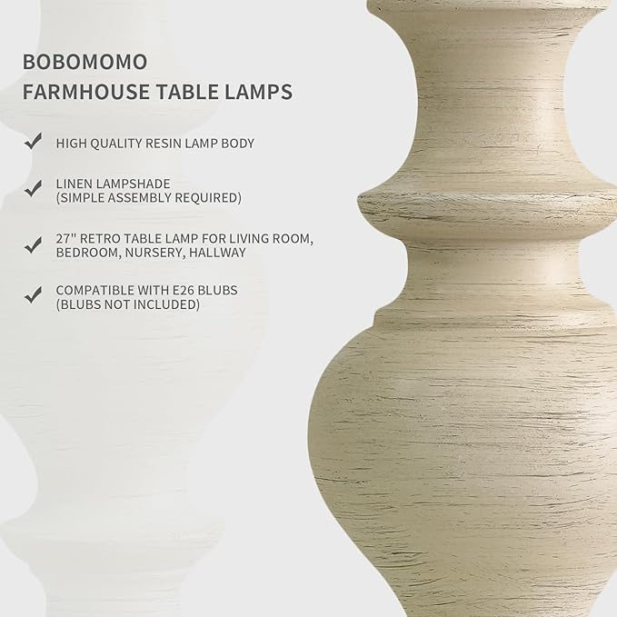 BOBOMOMO 27" Antique White Table Lamps Set of 2, Large Vintage Resin Lamps with Linen Shades, Farmhouse White Lamps for Bedroom, Living Room, or Console Table Elegant Home Décor - Bloomnest