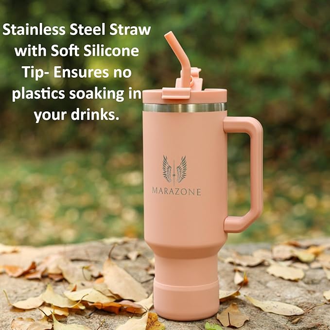 40 oz Insulated Tumbler with Handle and Straw – Double Wall Stainless Steel Vacuum Cup | Car Cup Holder Fit | Hot Cold Travel Mug | BPA Free Reusable Water Bottle Gift for Her (Sunset Pink) - Bloomnest