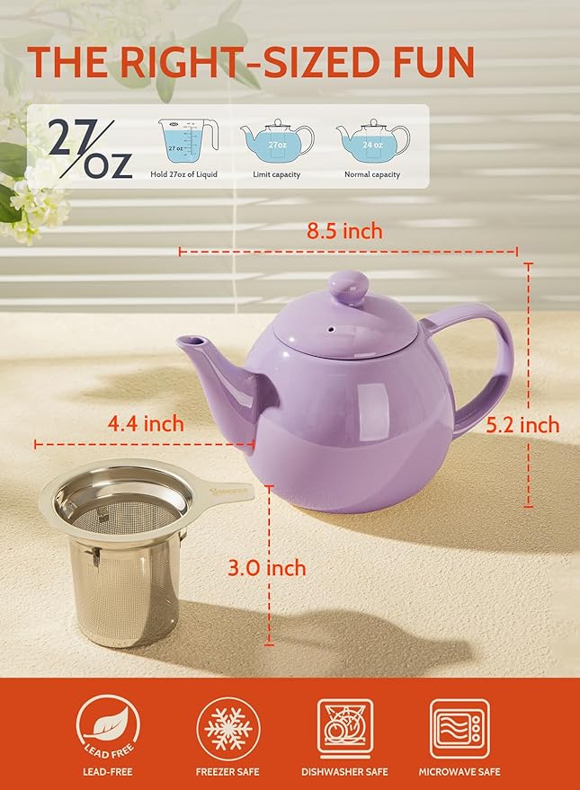 Sweese Teapots for Tea, 27 oz Porcelain Tea pot with Removable Stainless Steel Infuser, Tea Pots for Loose Tea - Purple - Bloomnest