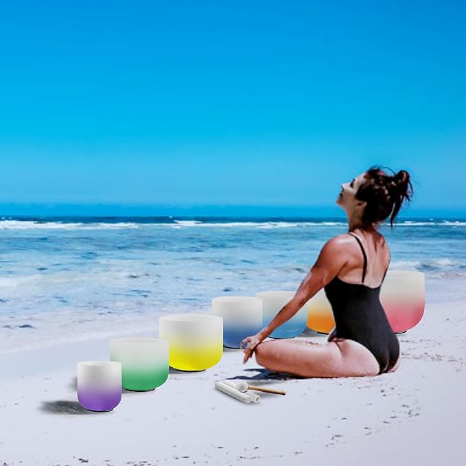 Ryan Dvan 432Hz 7"-12" Set of 7 Crystal Singing Bowl Set – Gradient Color Quartz Bowls for Chakra Healing, Meditation, Sound Bath & Yoga.Sound Therapy Tools with Suede Mallets & O-Rings. - Bloomnest