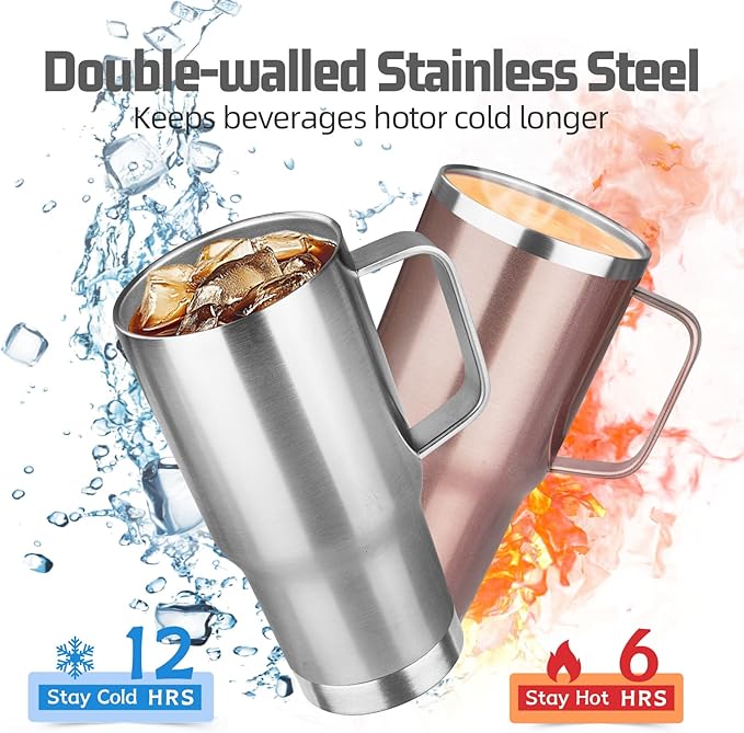 20 oz Tumbler with Handle Stainless Steel Insulated Coffee Mug Tumbler with Lid and Straw Double Wall Vacuum Insulated Coffee Mug Leak Proof Travel Mug Tumbler for Hot and Cold Drink (Silver,4pack) - Bloomnest