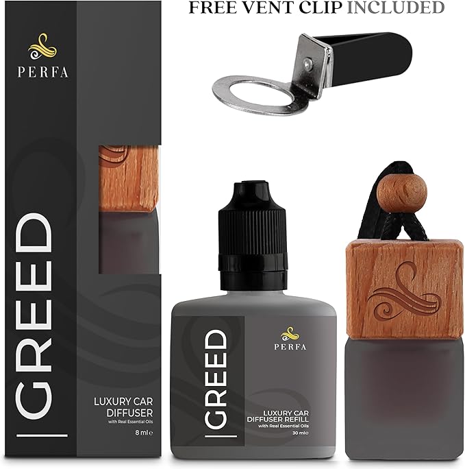 Greed Gift Set with Refill Bottle | Perfume Inspired Car Fragrances | Strong Car Freshener with Odour Eliminator Technology | Greed Automotive Freshener by Perfa - Bloomnest