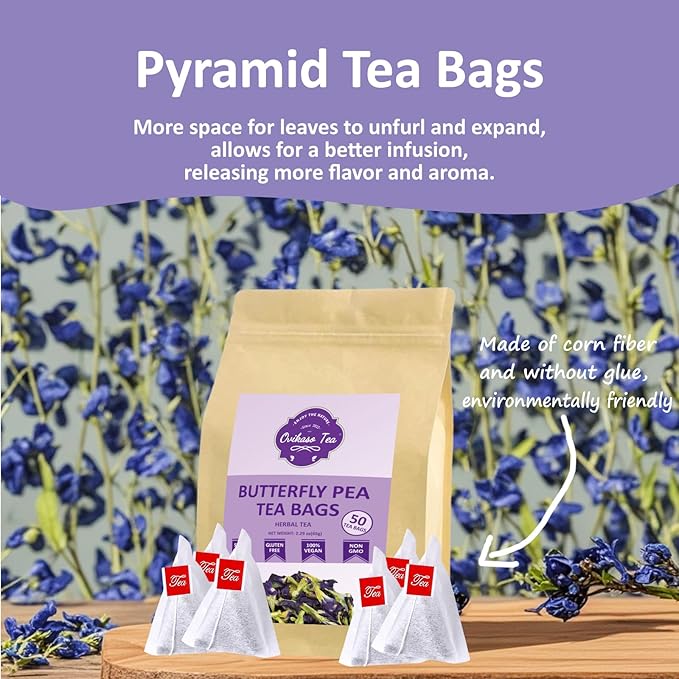 Ovikaso Tea, Butterfly Pea Flower Tea Bags, 50 Pyramid Tea Bags, 1.3g/bag, 100% Natural, Non-GMO, No Caffeine, Brew Hot or Iced tea, Baking, Cocktail, Herbal Tea - Bloomnest