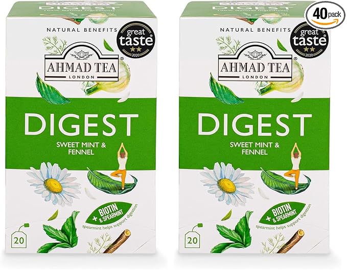 Ahmad Tea Herbal Tea, Sweet Mint, Fennel & Biotin 'Digest' Natural Benefits Teabags, 20 ct (Pack of 2) - Decaffeinated & Sugar-Free - Bloomnest