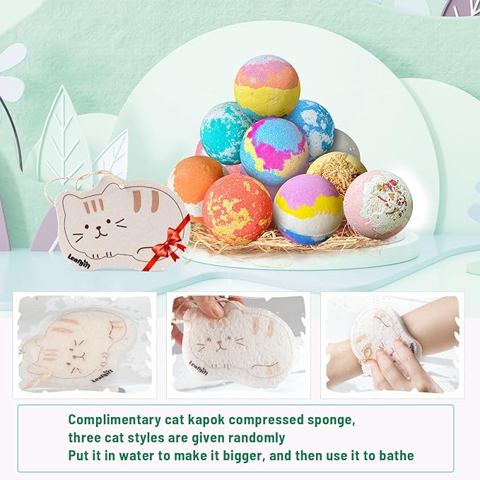 Leafgift Bath Bombs Gift Set, 12pcs Handmade Bath Fizzies with Natural Sea Salt Cocoa & Shea Butter, Perfect for Bubble Bath Spa, Moisturizing Dry Skin, Stress Relief, Best Gift for Women, Men - Bloomnest