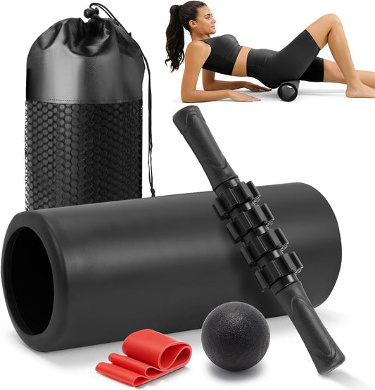 5 in 1 Foam Roller Set - Trigger Point Foam Back Roller, Muscle Roller Stick, Massage Ball, Stretching Band for Deep Muscle Massage Pilates Yoga,Fitness Exercise for Whole Body Release (Pure Black)